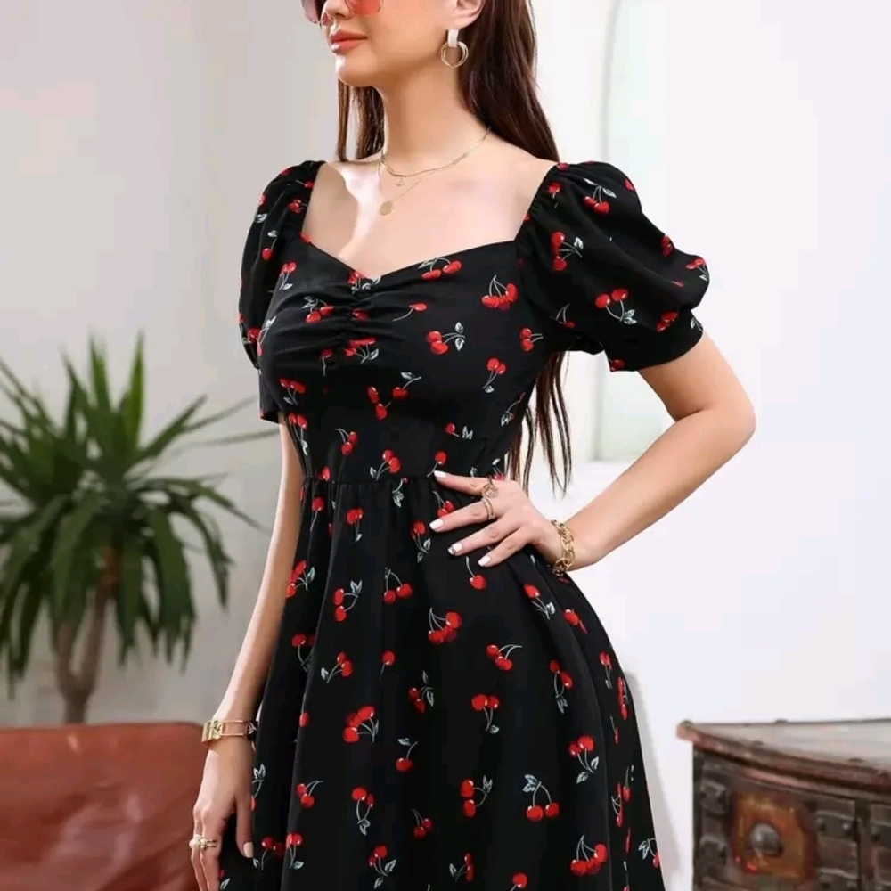 SHEIN Black Cherry Pattern Midi Dress Medium - Picture 5 of 9